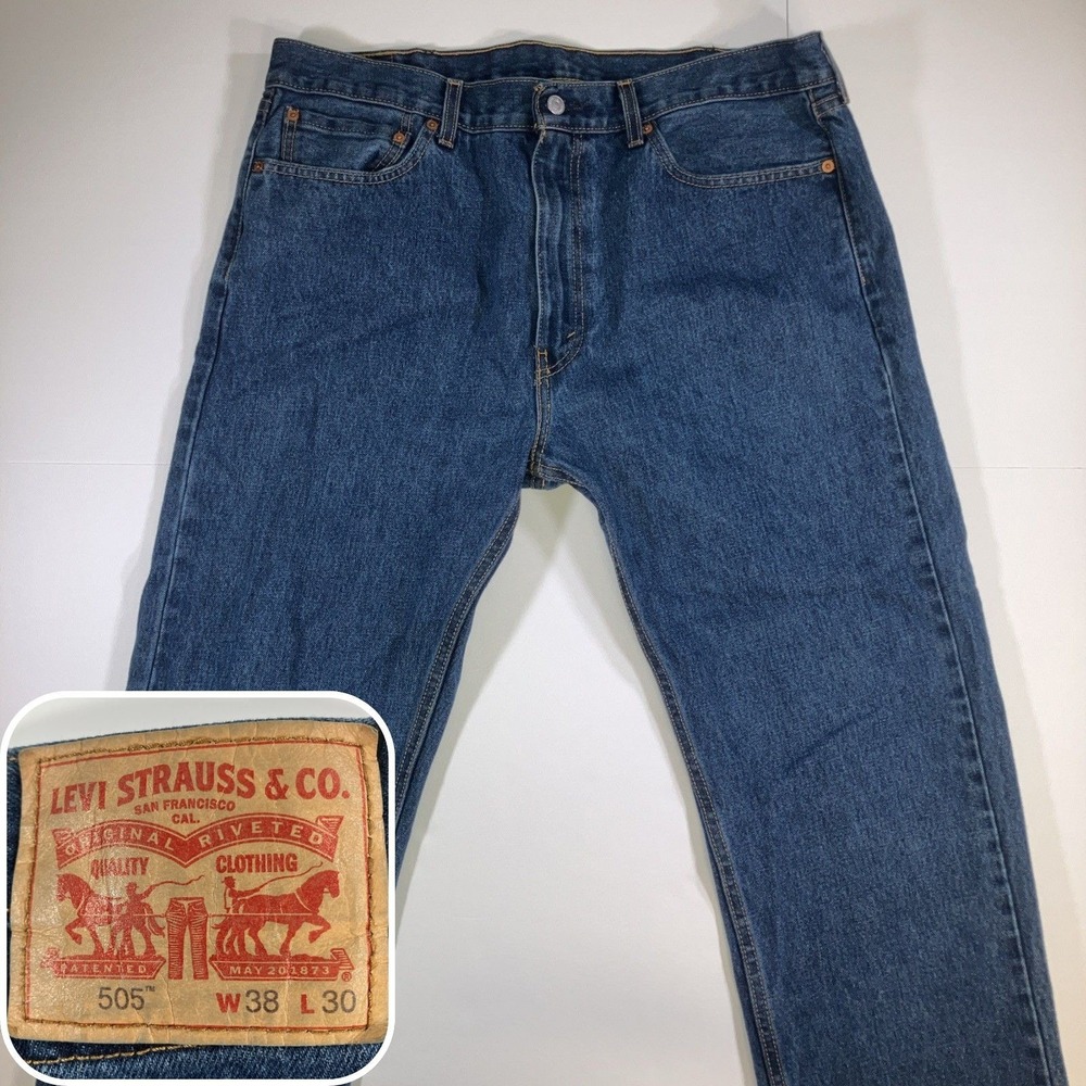 Levis 505 Regular Fit Straight Men's 38x30 Medium Wash‎ Denim Blue Jeans Zip